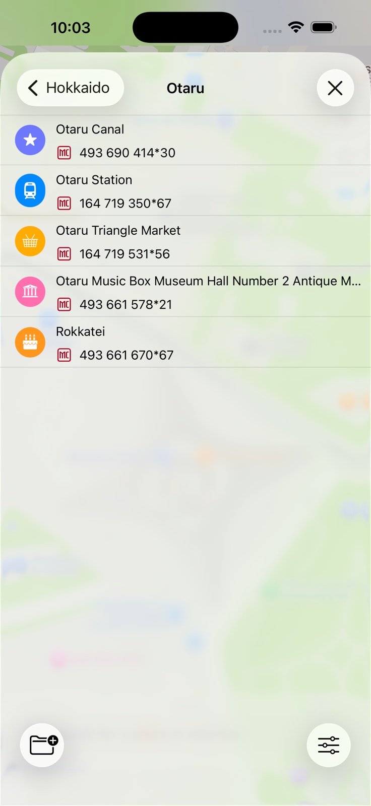Mappu favorites panel showing saved places with MapCodes